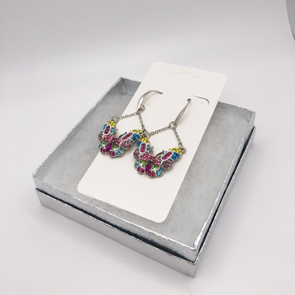Crystal Multicolor Silver Plated Butterfly Dangle Drop Earrings - Picture 4 of 4